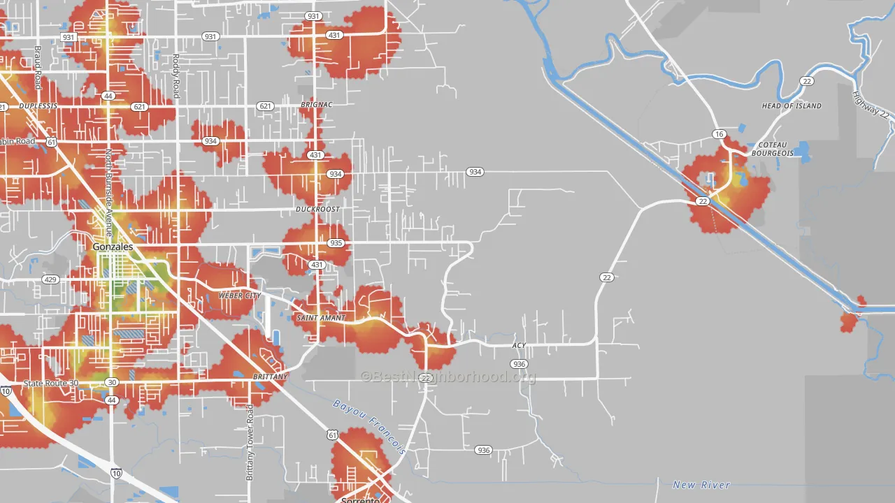 Walk Grade map of St. Amant, LA, walkable areas in green and car-dependent areas in red