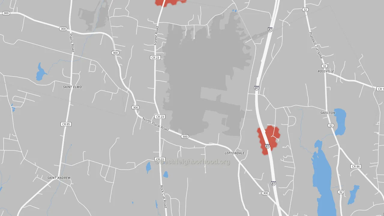 Walk Grade map of St. Andrew, NY, walkable areas in green and car-dependent areas in red