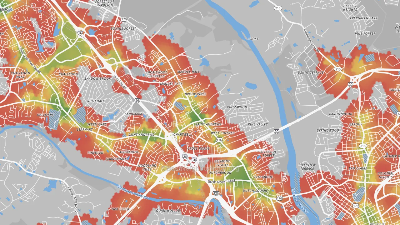 Walk Grade map of St. Andrews, SC, walkable areas in green and car-dependent areas in red