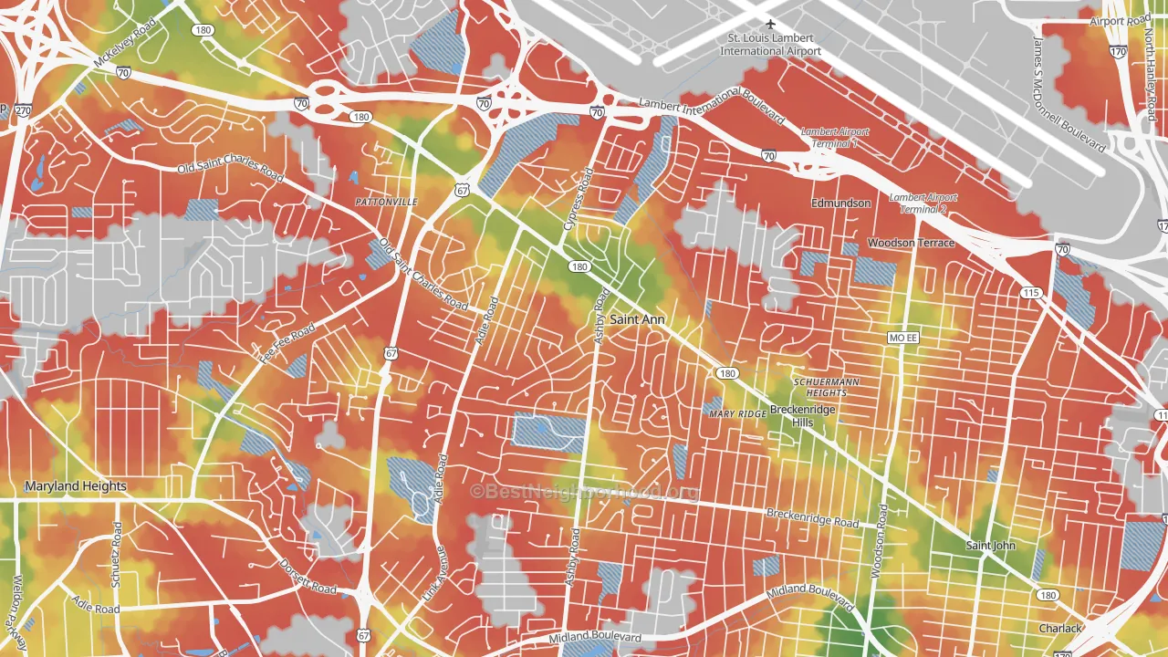Walk Grade map of St. Ann, MO, walkable areas in green and car-dependent areas in red