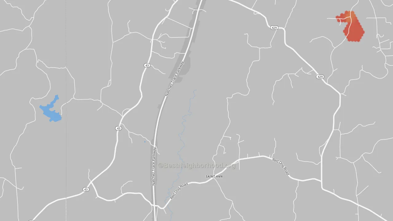Walk Grade map of St. Ann, MS, walkable areas in green and car-dependent areas in red