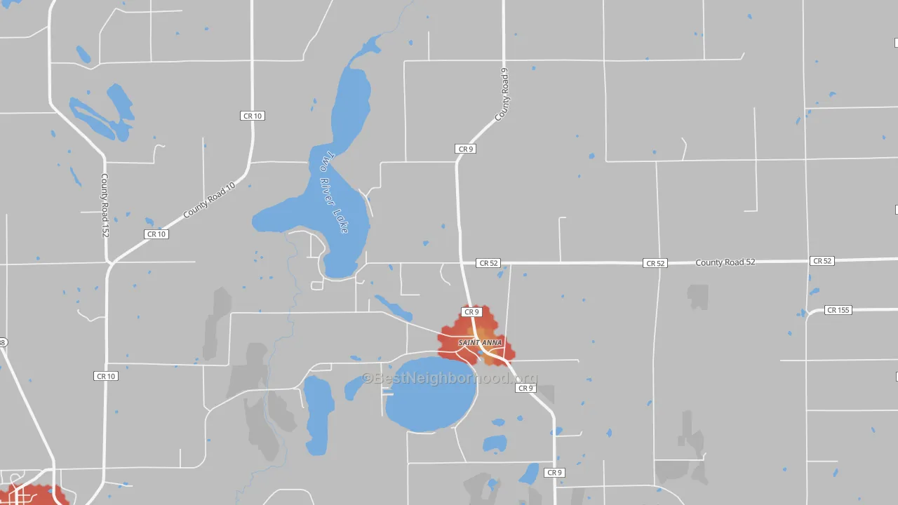 Walk Grade map of St. Anna, MN, walkable areas in green and car-dependent areas in red