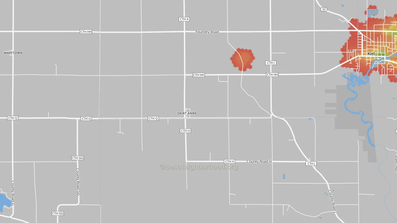 Walk Grade map of St. Anna, WI, walkable areas in green and car-dependent areas in red