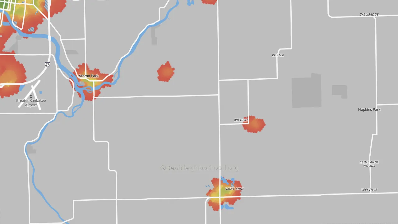 Walk Grade map of St. Anne, IL, walkable areas in green and car-dependent areas in red