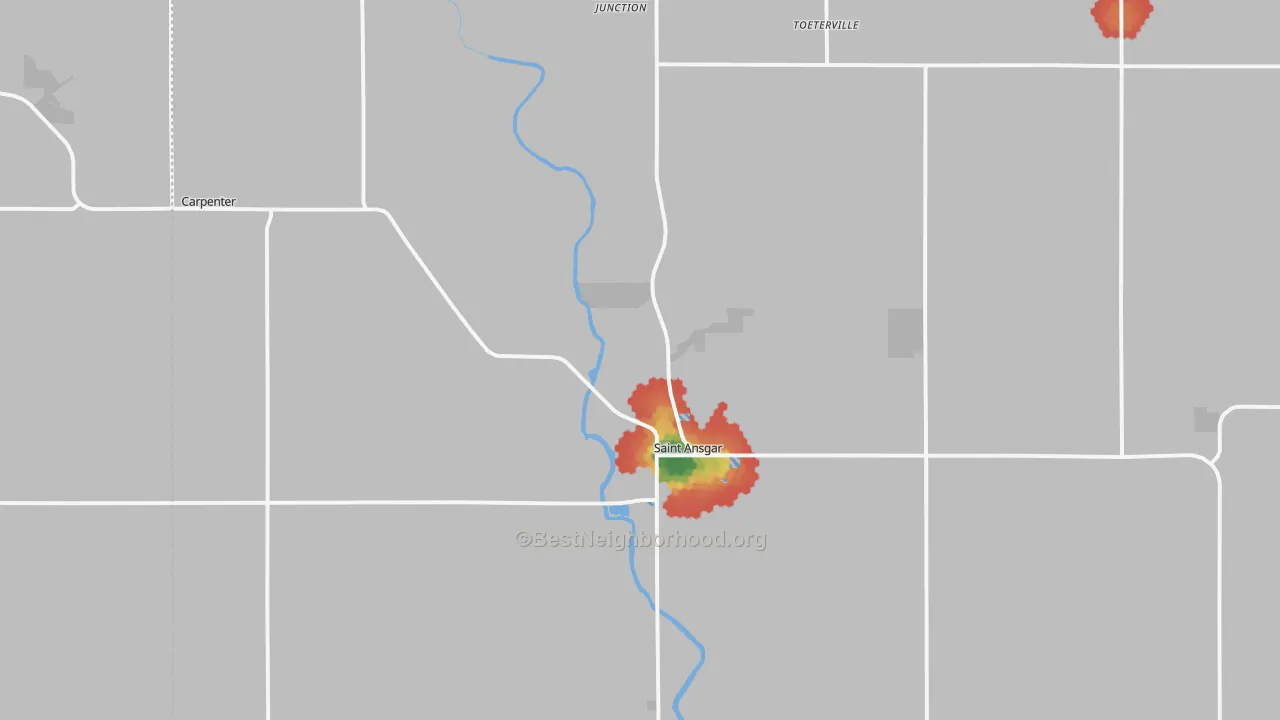 Walk Grade map of St. Ansgar, IA, walkable areas in green and car-dependent areas in red