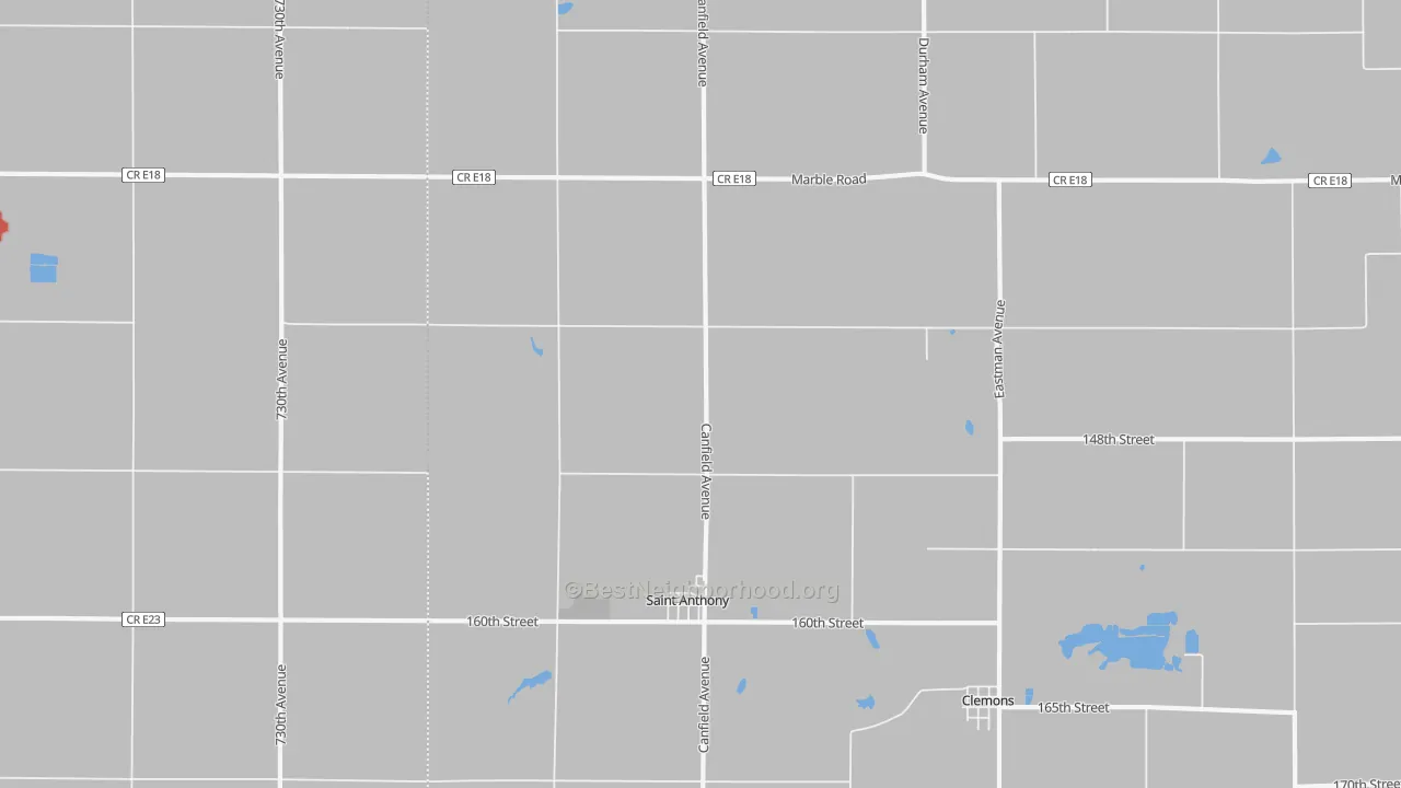 Walk Grade map of St. Anthony, IA, walkable areas in green and car-dependent areas in red