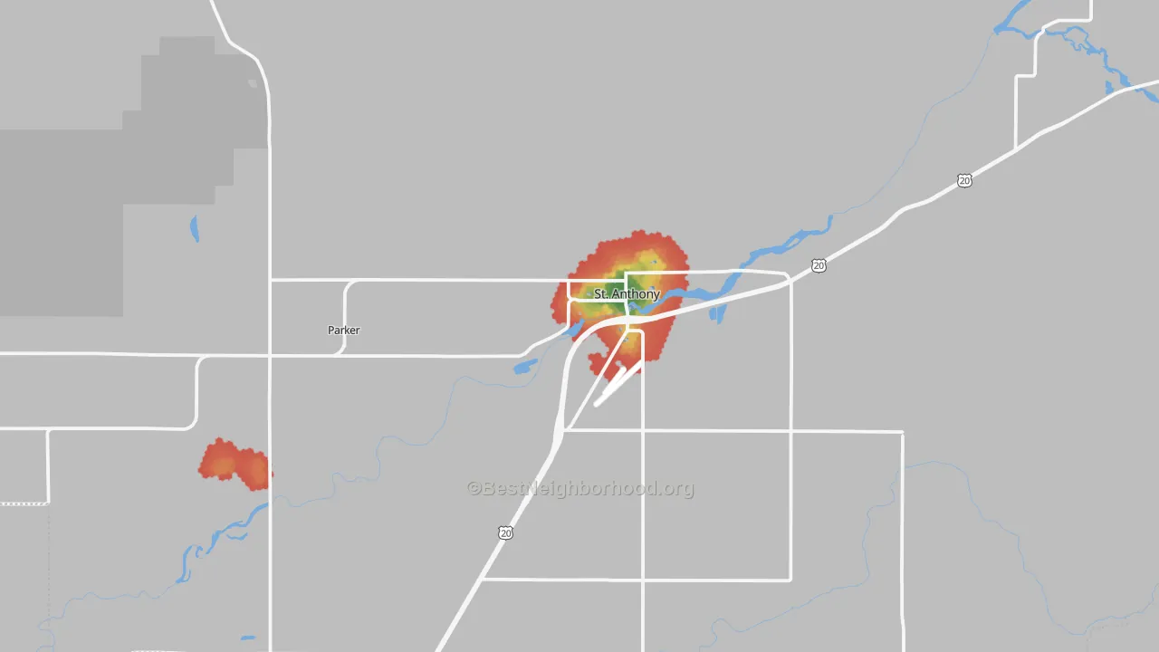 Walk Grade map of St. Anthony, ID, walkable areas in green and car-dependent areas in red