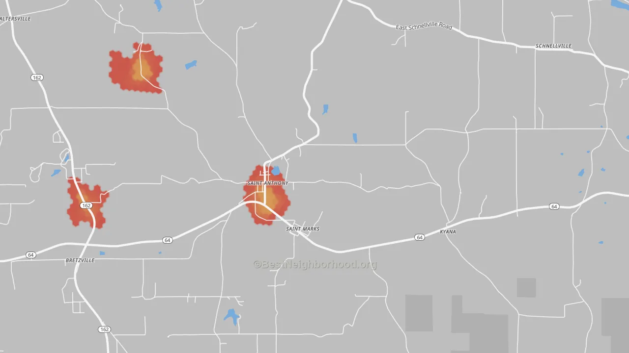 Walk Grade map of St. Anthony, IN, walkable areas in green and car-dependent areas in red