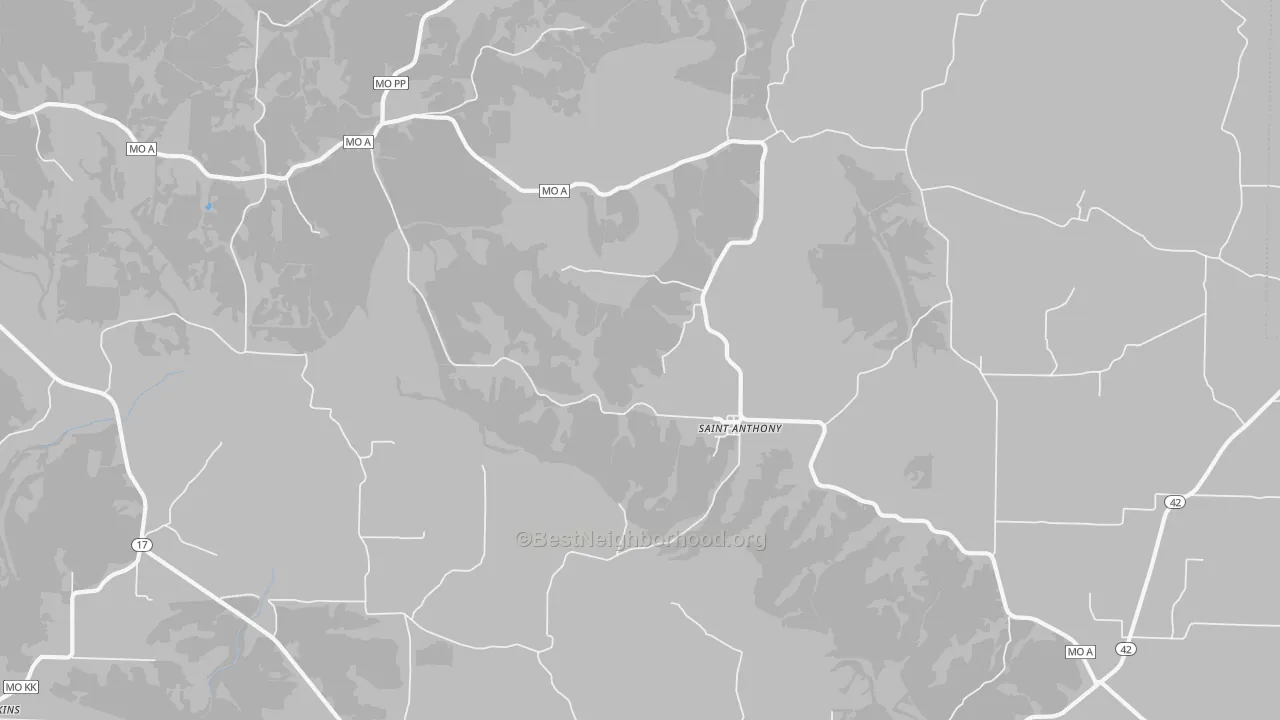 Walk Grade map of St. Anthony, MO, walkable areas in green and car-dependent areas in red