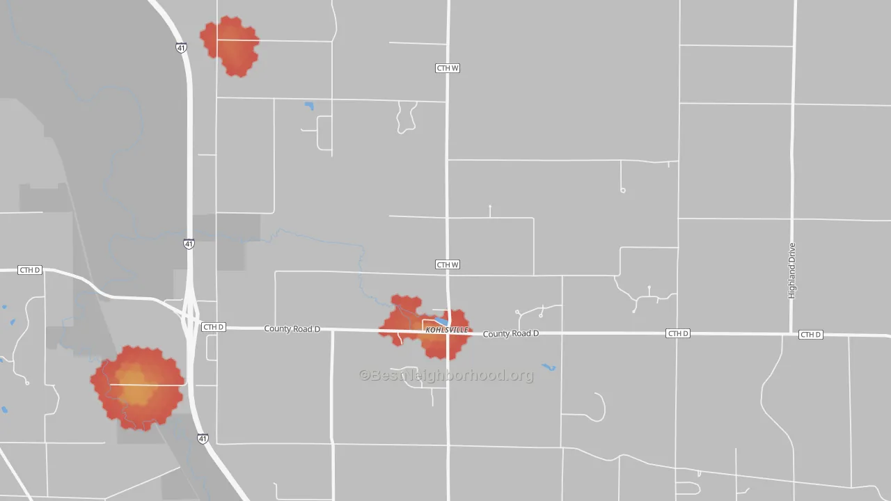 Walk Grade map of St. Anthony, WI, walkable areas in green and car-dependent areas in red