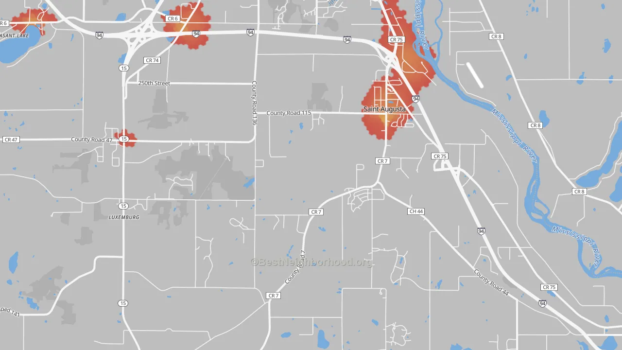 Walk Grade map of St. Augusta, MN, walkable areas in green and car-dependent areas in red