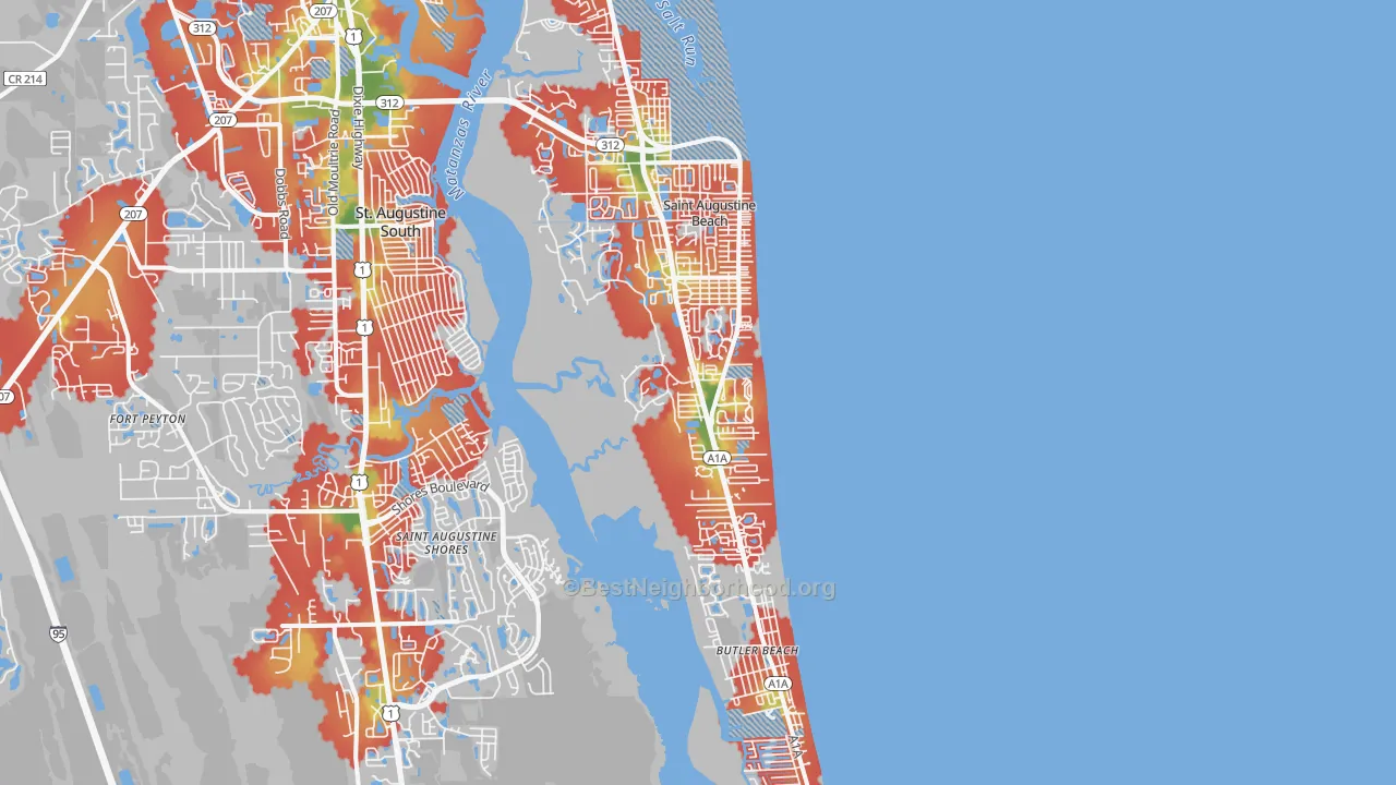Walk Grade map of St. Augustine Beach, FL, walkable areas in green and car-dependent areas in red