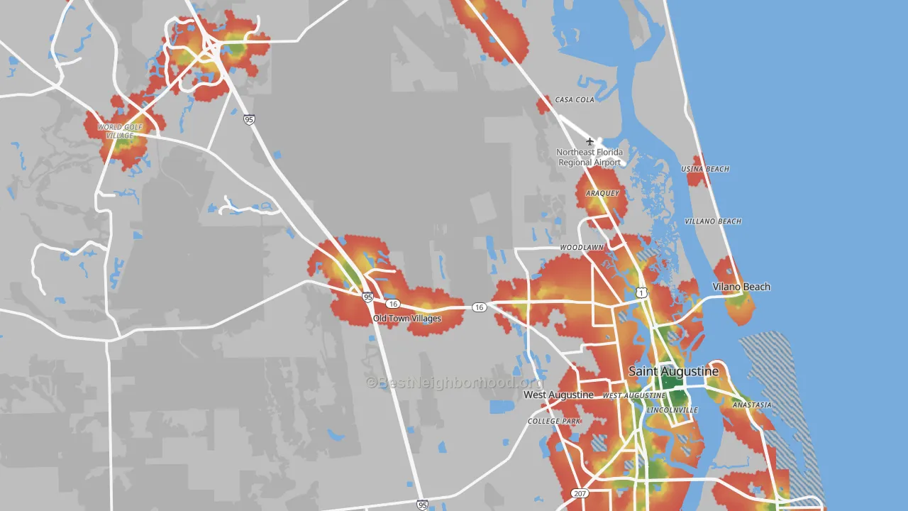Walk Grade map of St. Augustine, FL, walkable areas in green and car-dependent areas in red