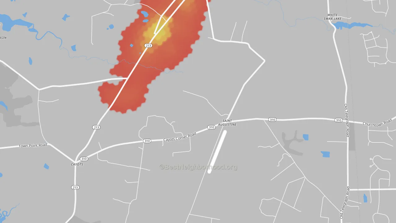 Walk Grade map of St. Augustine, MD, walkable areas in green and car-dependent areas in red