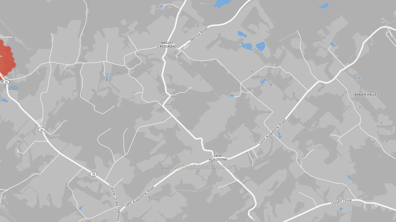 Walk Grade map of St. Augustine, PA, walkable areas in green and car-dependent areas in red
