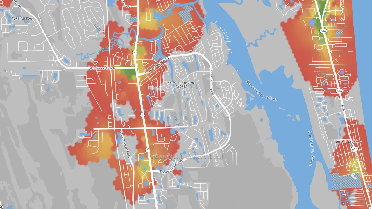 Walk Grade map of St. Augustine Shores, FL, walkable areas in green and car-dependent areas in red