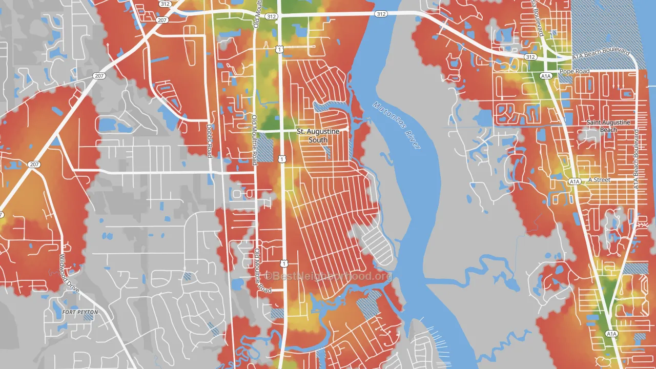 Walk Grade map of St. Augustine South, FL, walkable areas in green and car-dependent areas in red