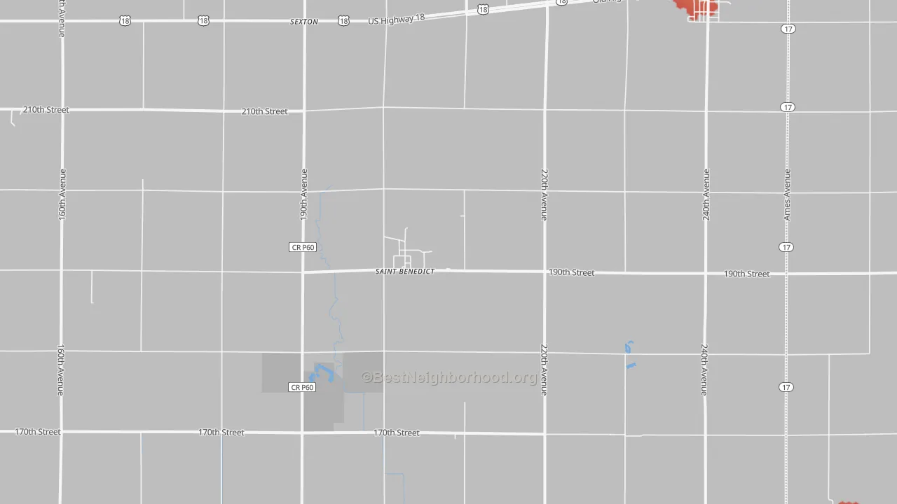 Walk Grade map of St. Benedict, IA, walkable areas in green and car-dependent areas in red