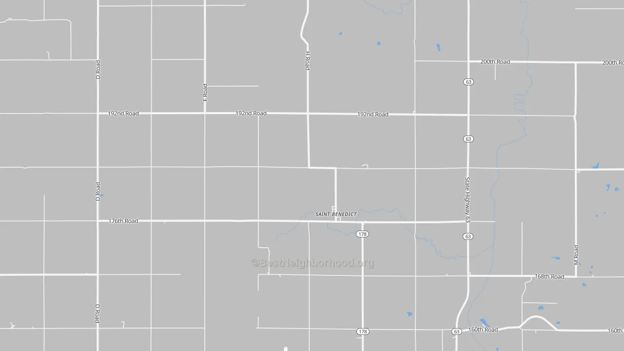 Walk Grade map of St. Benedict, KS, walkable areas in green and car-dependent areas in red