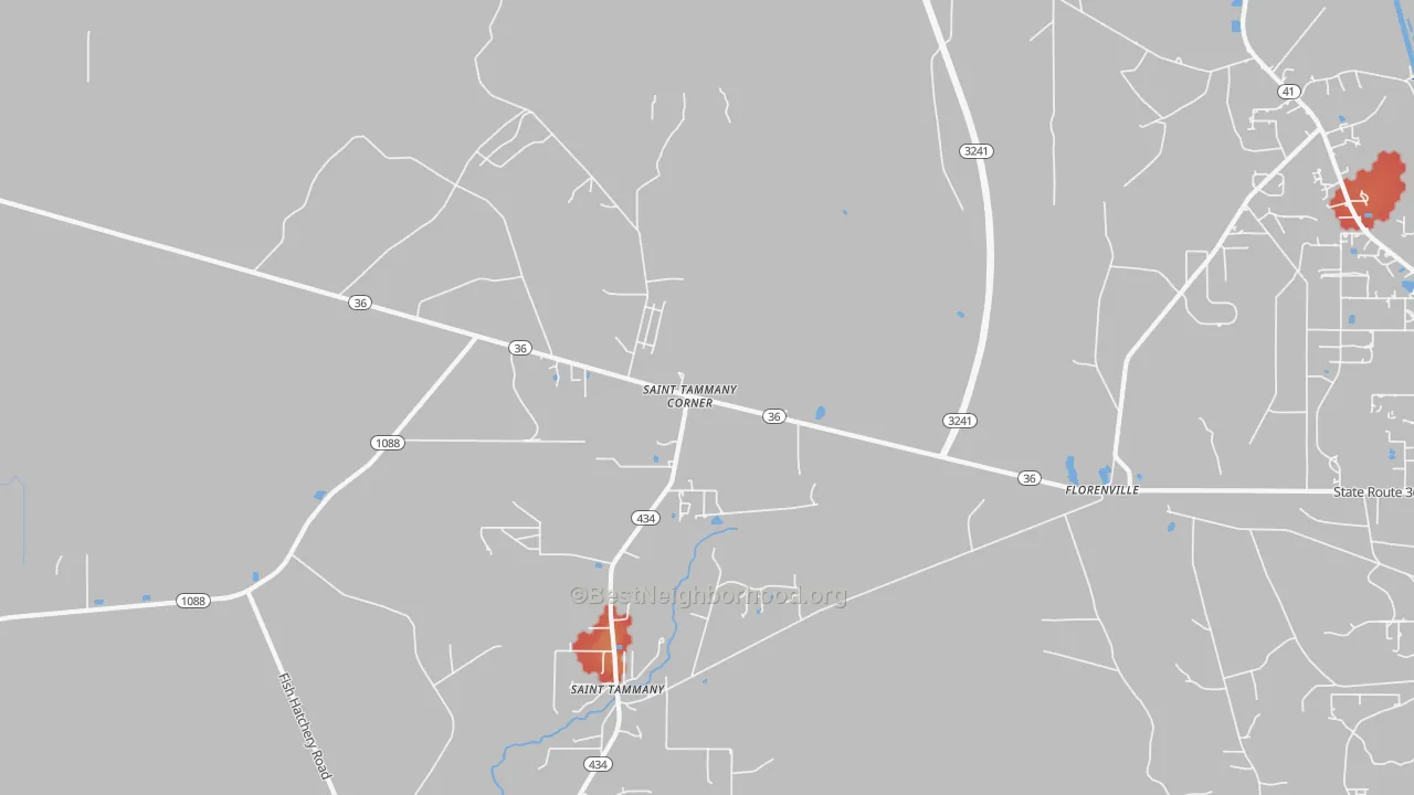 Walk Grade map of St. Benedict, LA, walkable areas in green and car-dependent areas in red