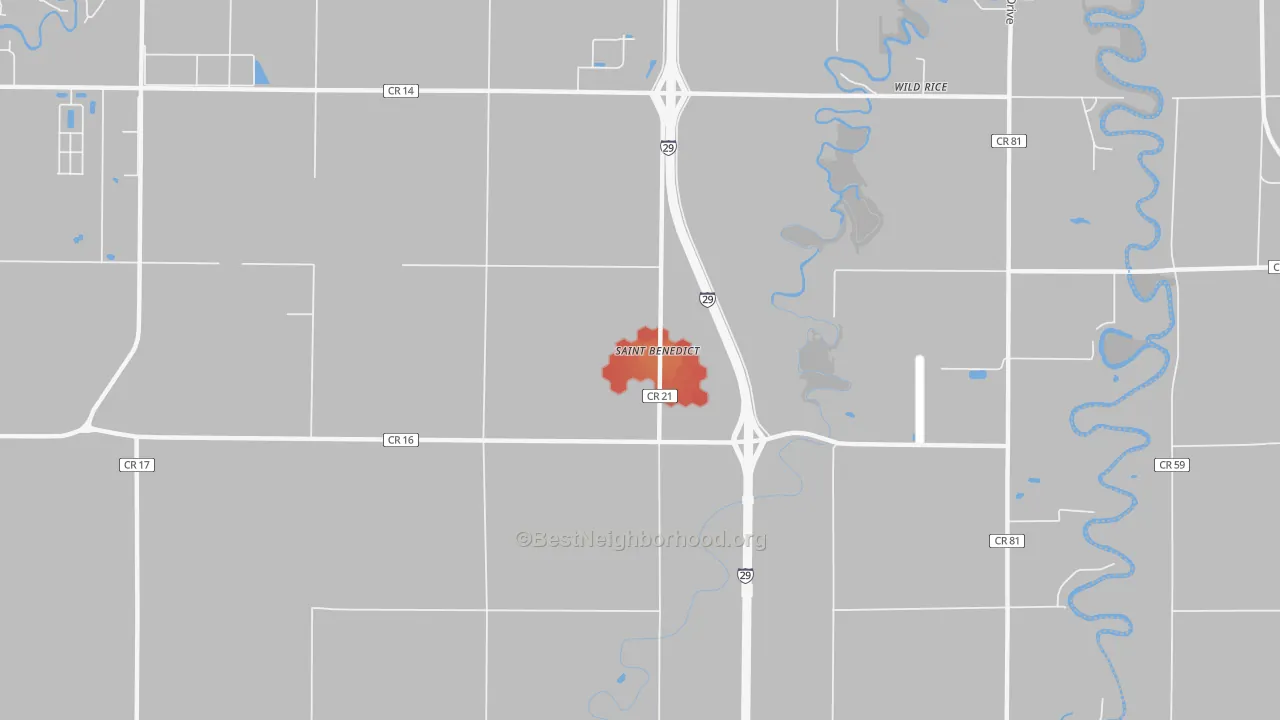 Walk Grade map of St. Benedict, ND, walkable areas in green and car-dependent areas in red