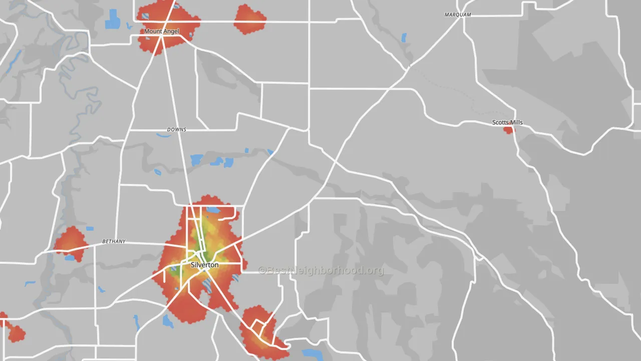 Walk Grade map of St. Benedict, OR, walkable areas in green and car-dependent areas in red
