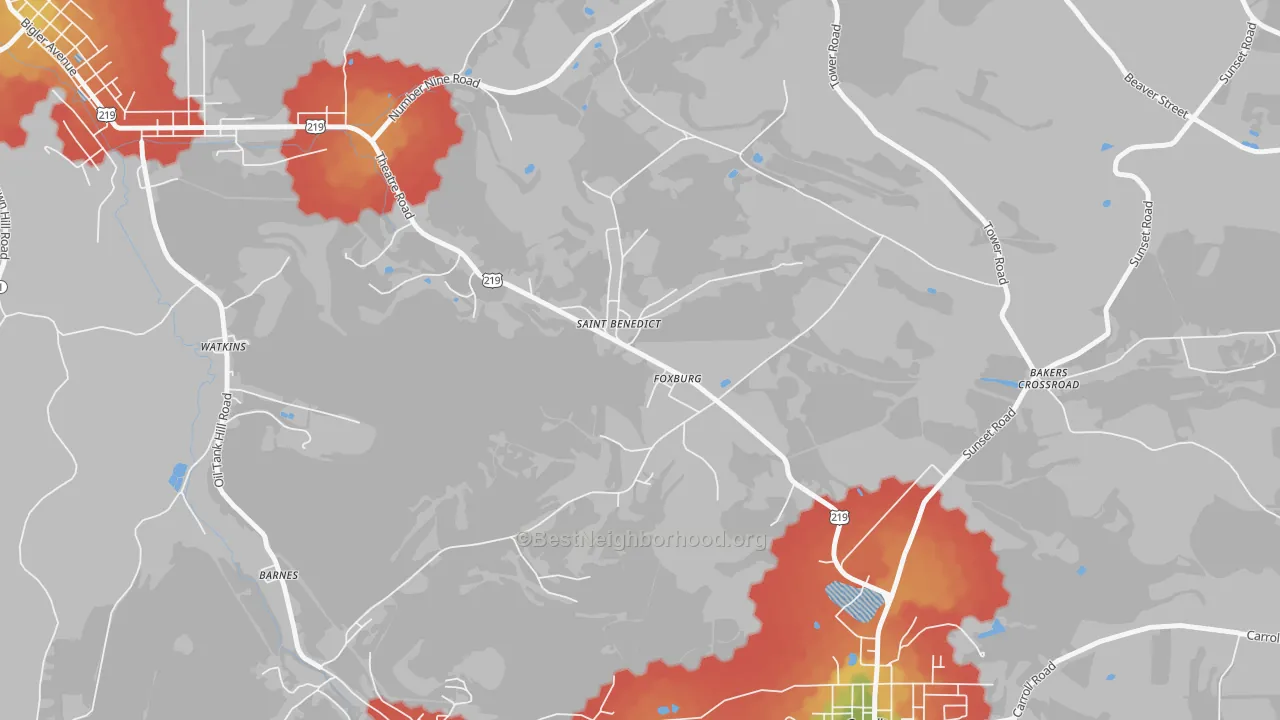 Walk Grade map of St. Benedict, PA, walkable areas in green and car-dependent areas in red