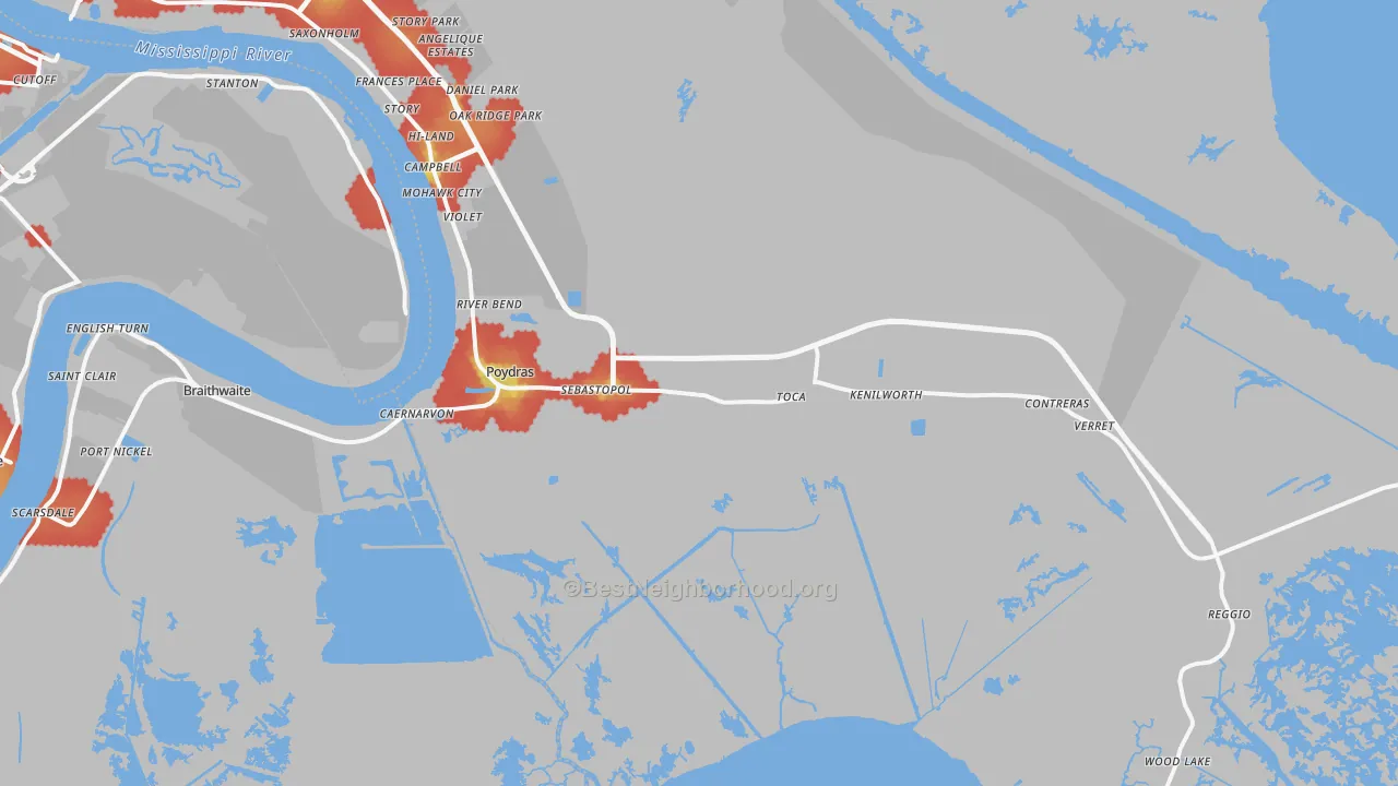 Walk Grade map of St. Bernard, LA, walkable areas in green and car-dependent areas in red