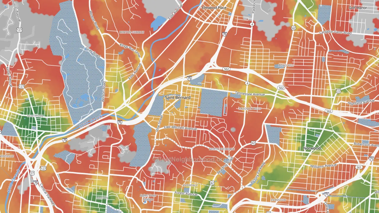 Walk Grade map of St. Bernard, OH, walkable areas in green and car-dependent areas in red