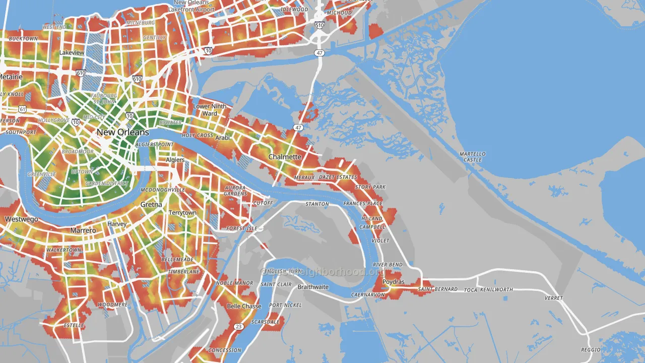 Walk Grade map of St. Bernard Parish, LA, walkable areas in green and car-dependent areas in red