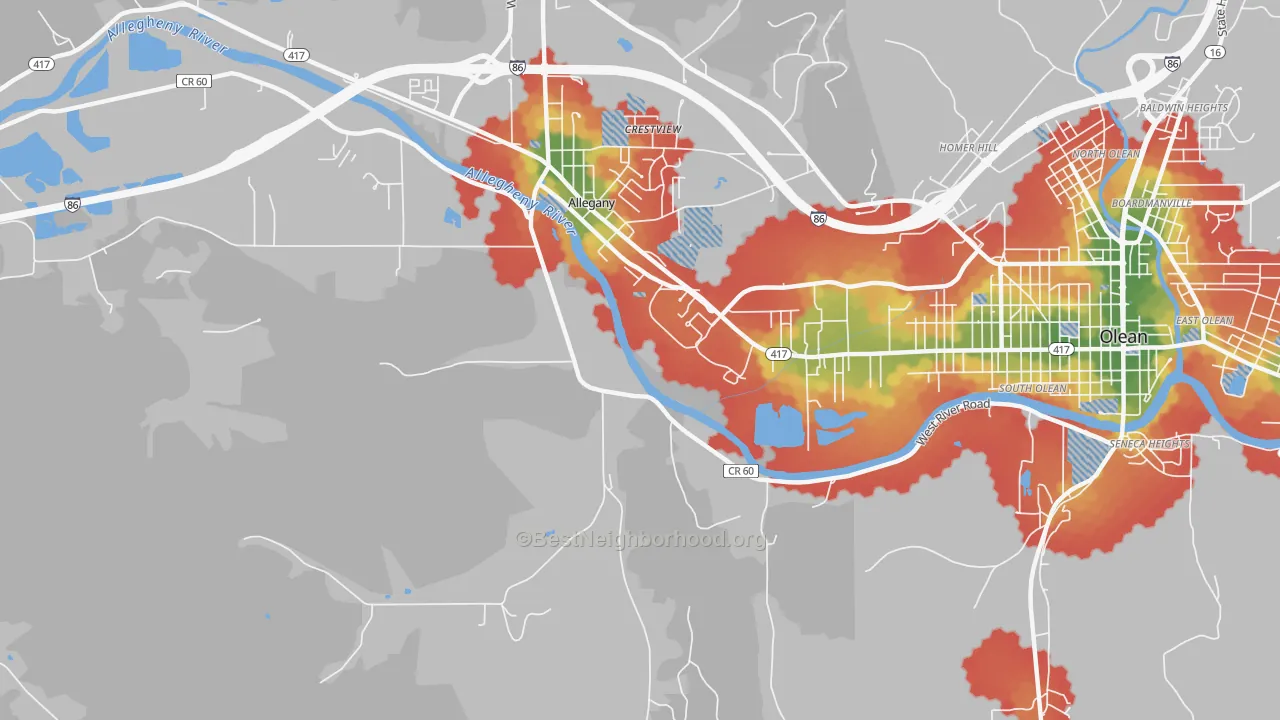 Walk Grade map of St. Bonaventure, NY, walkable areas in green and car-dependent areas in red