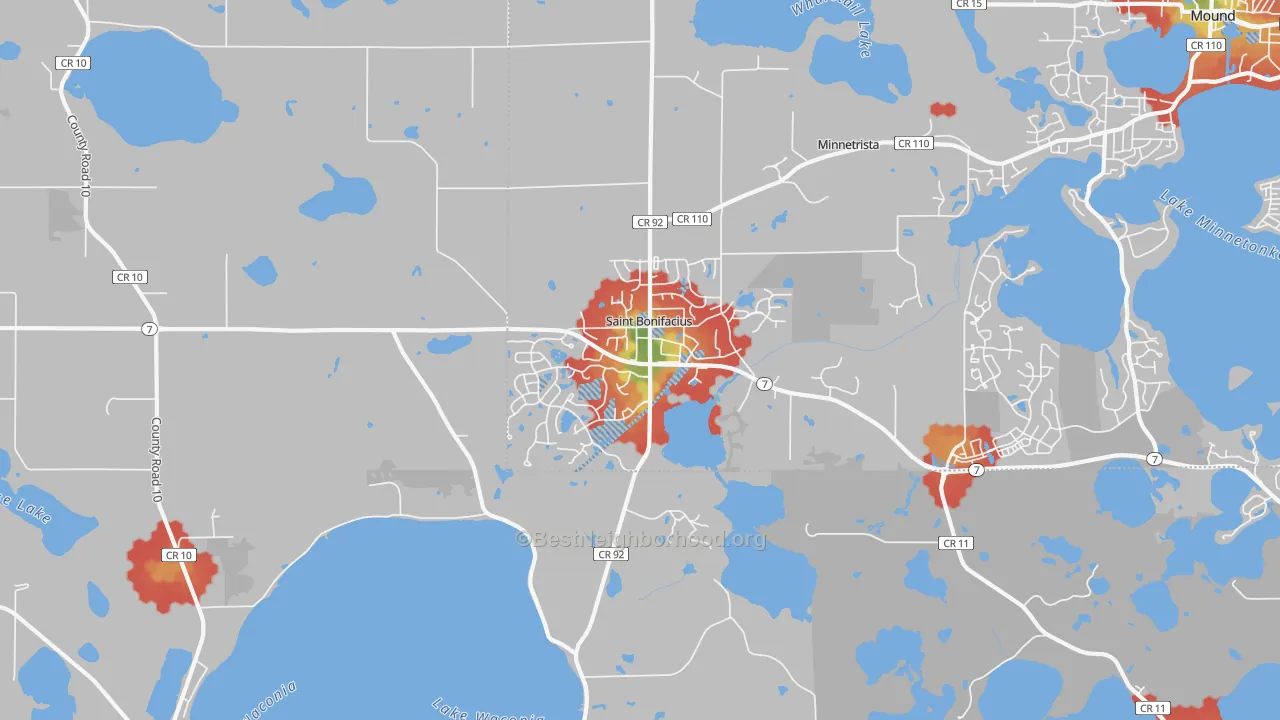 Walk Grade map of St. Bonifacius, MN, walkable areas in green and car-dependent areas in red