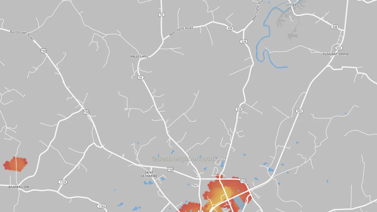 Walk Grade map of St. Catharine, KY, walkable areas in green and car-dependent areas in red