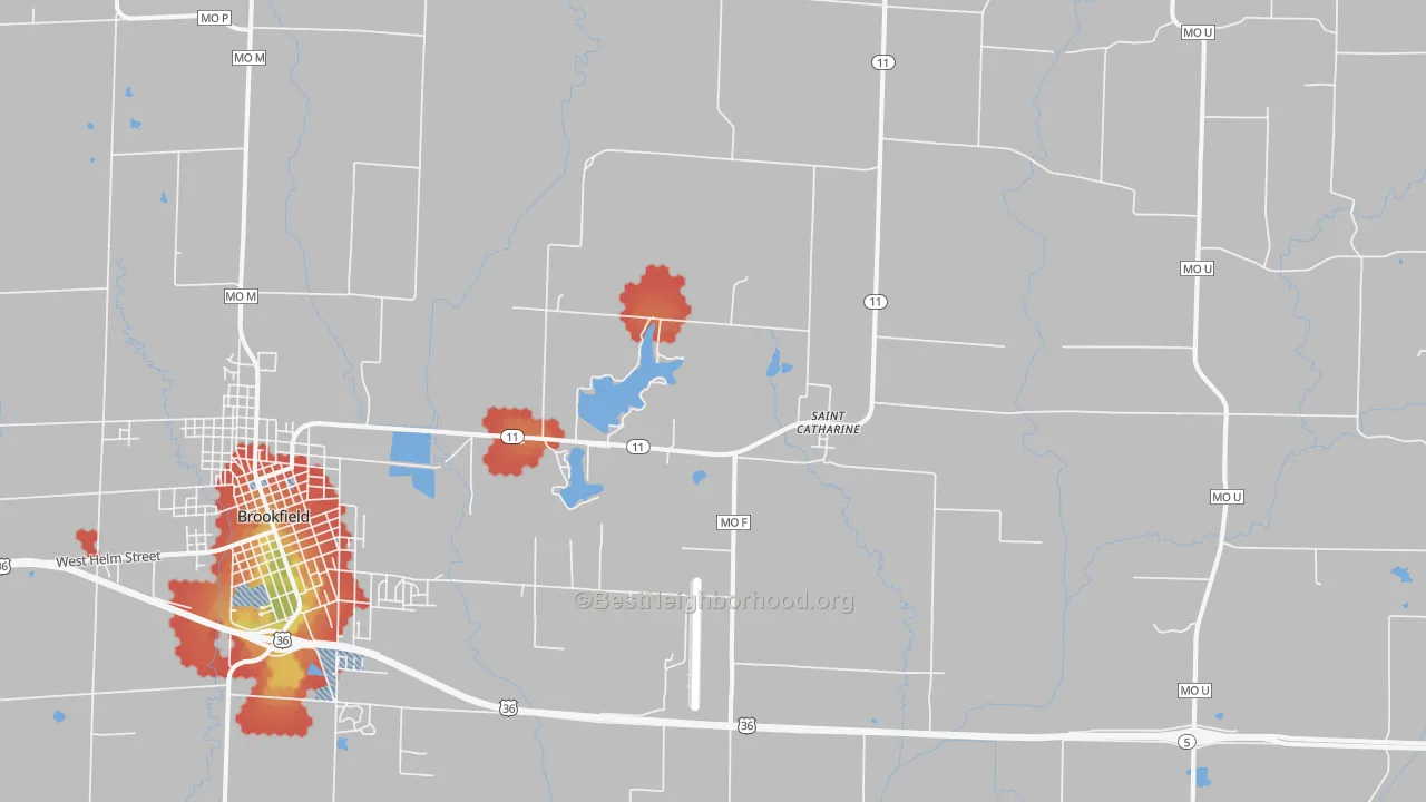 Walk Grade map of St. Catharine, MO, walkable areas in green and car-dependent areas in red