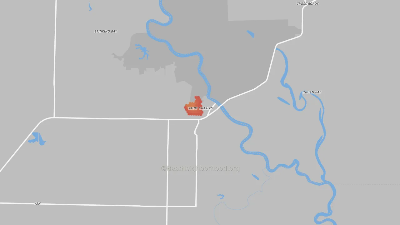 Walk Grade map of St. Charles, AR, walkable areas in green and car-dependent areas in red