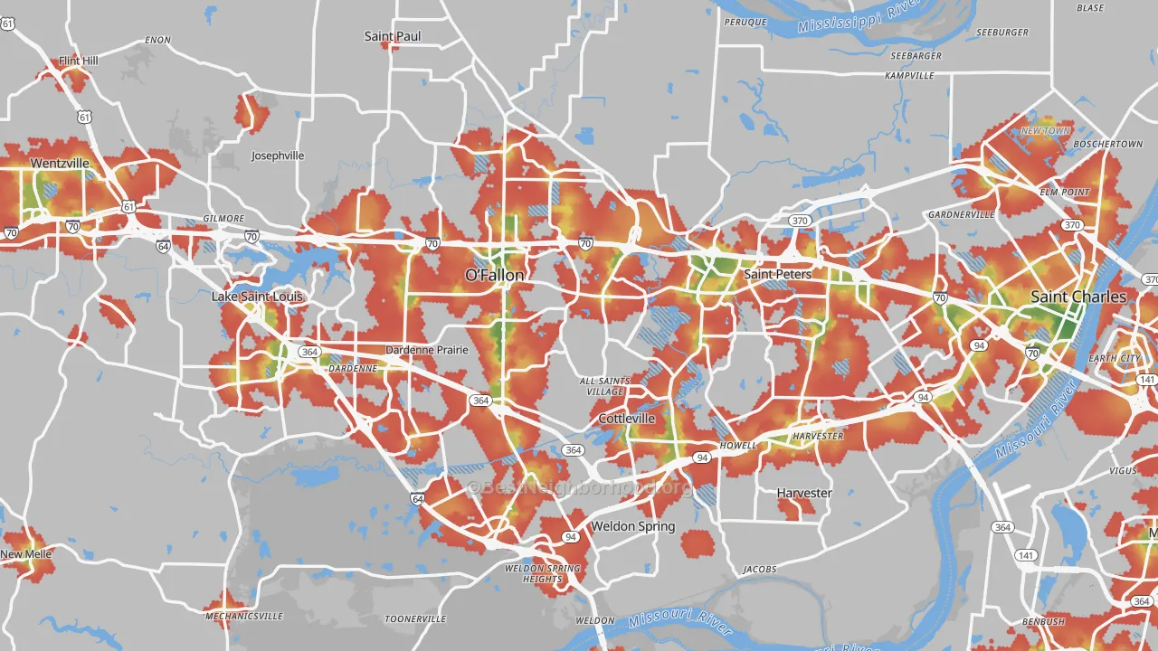 Walk Grade map of St. Charles County, MO, walkable areas in green and car-dependent areas in red