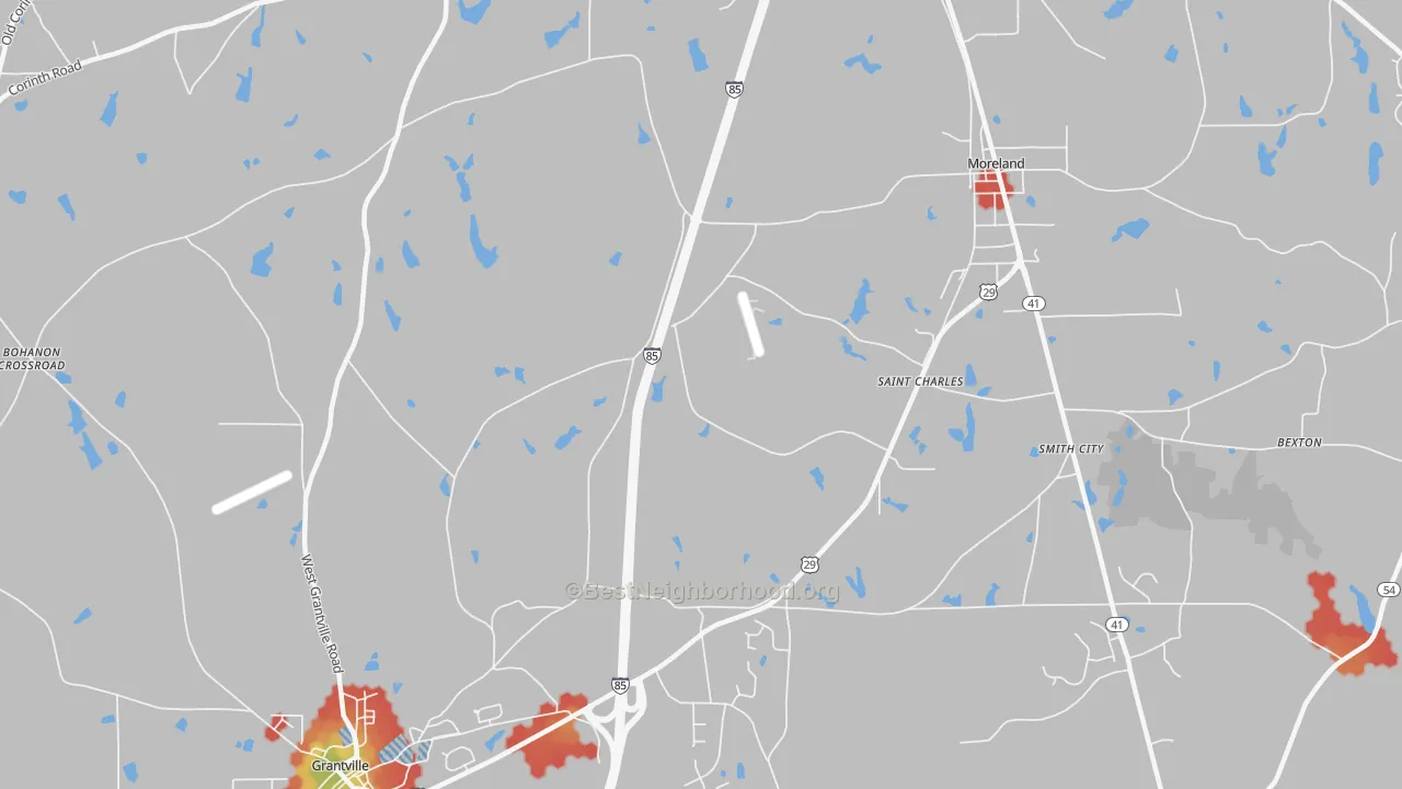 Walk Grade map of St. Charles, GA, walkable areas in green and car-dependent areas in red