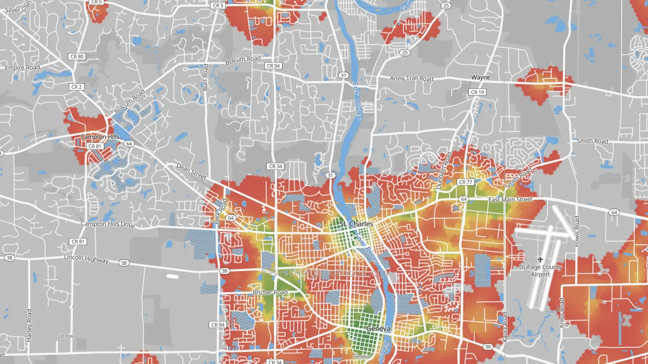 Walk Grade map of St. Charles, IL, walkable areas in green and car-dependent areas in red