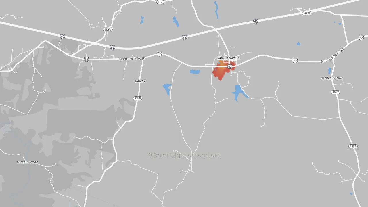 Walk Grade map of St. Charles, KY, walkable areas in green and car-dependent areas in red