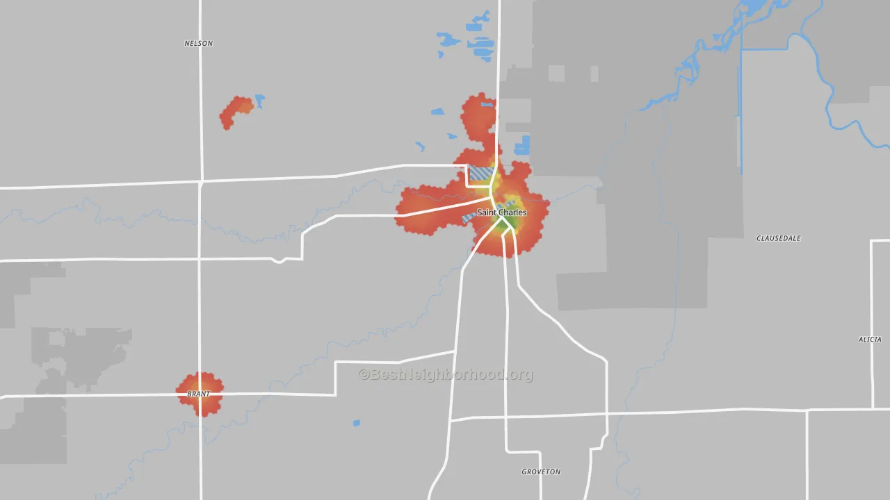Walk Grade map of St. Charles, MI, walkable areas in green and car-dependent areas in red
