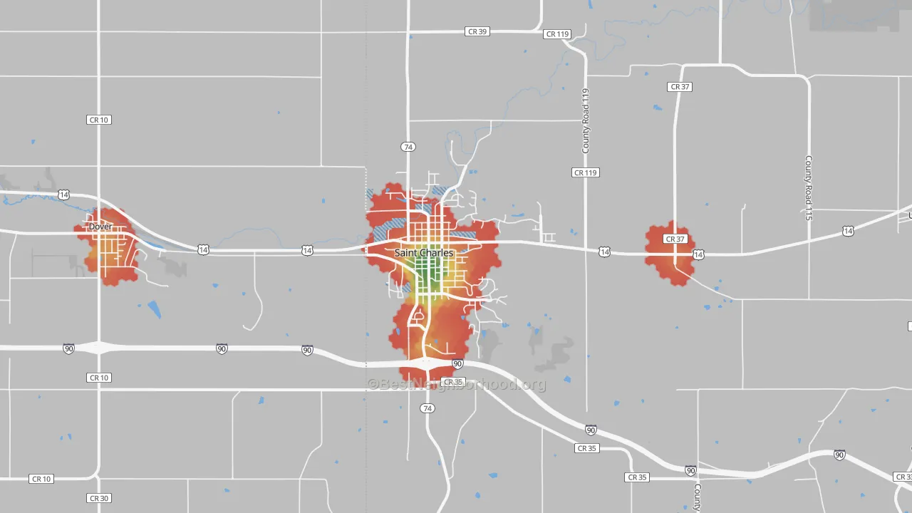 Walk Grade map of St. Charles, MN, walkable areas in green and car-dependent areas in red