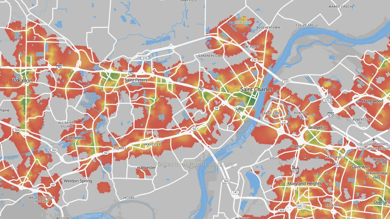 Walk Grade map of St. Charles, MO, walkable areas in green and car-dependent areas in red