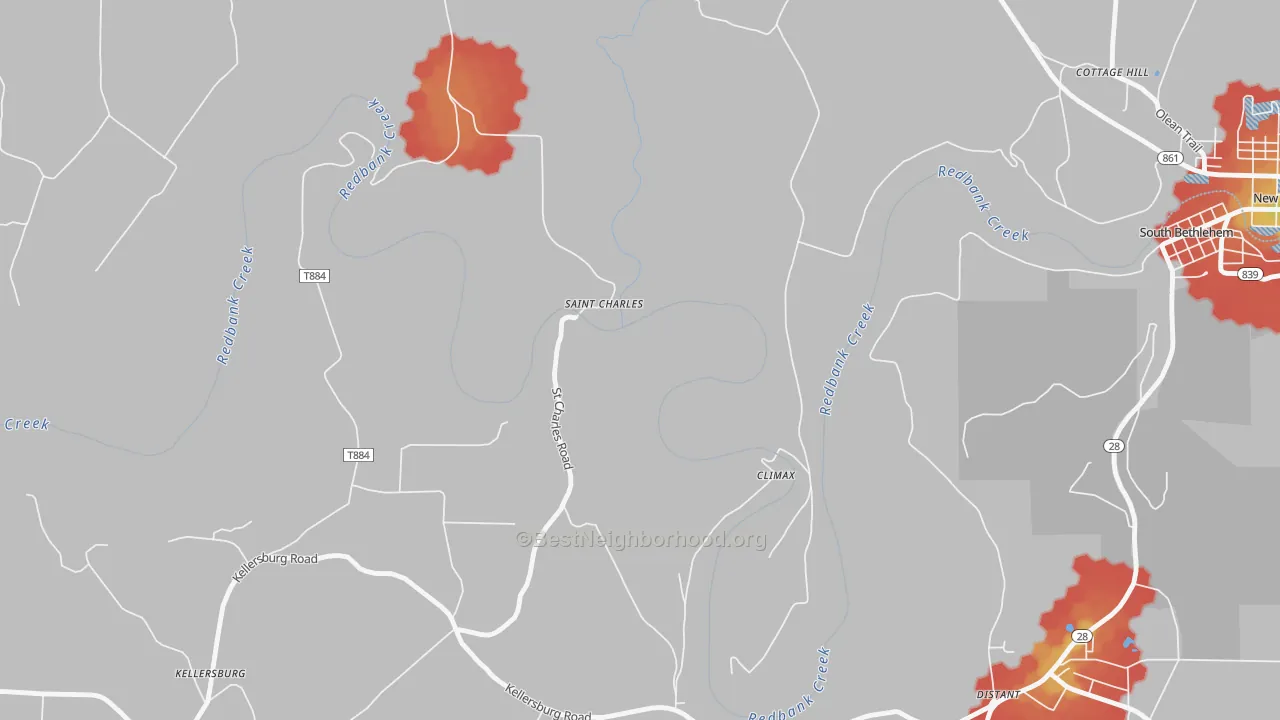 Walk Grade map of St. Charles, PA, walkable areas in green and car-dependent areas in red