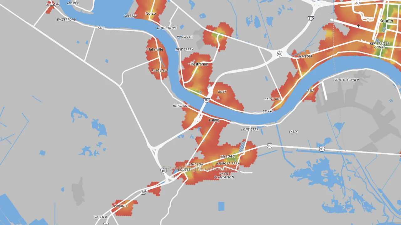 Walk Grade map of St. Charles Parish, LA, walkable areas in green and car-dependent areas in red