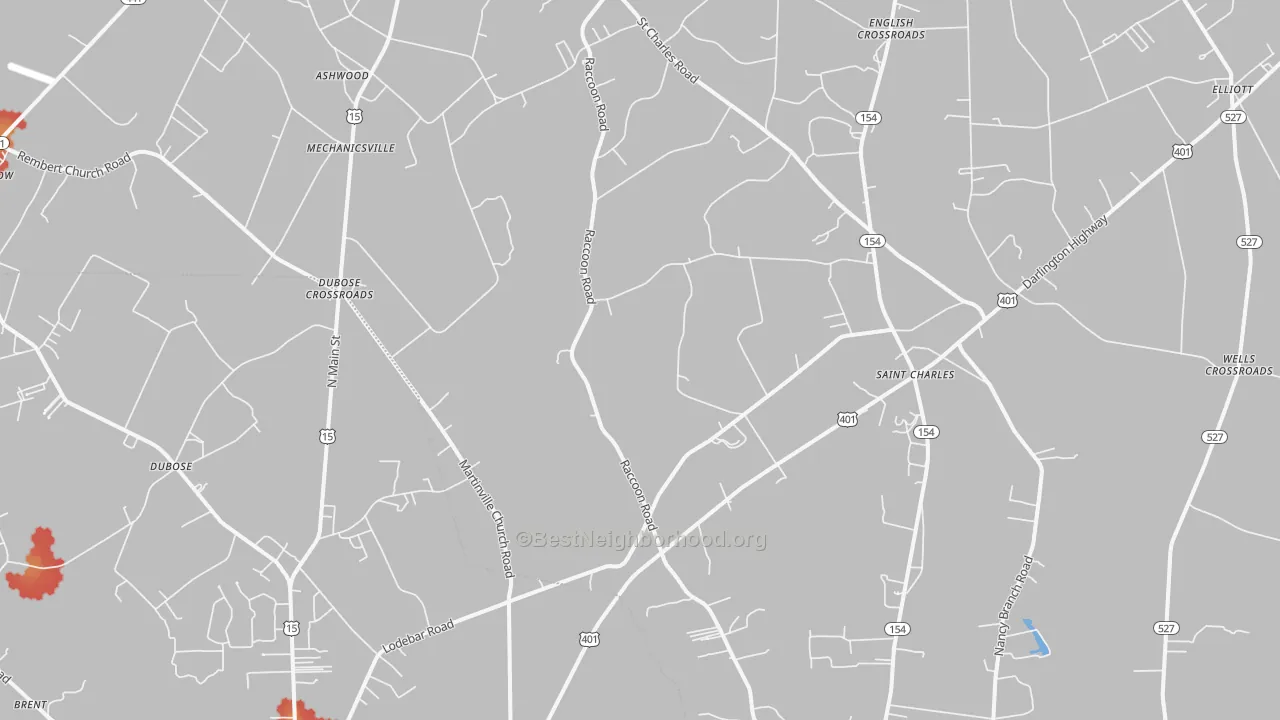 Walk Grade map of St. Charles, SC, walkable areas in green and car-dependent areas in red