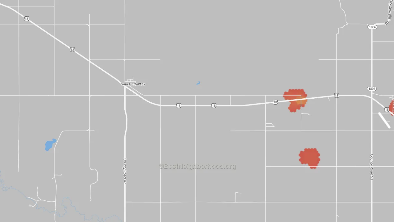 Walk Grade map of St. Charles, SD, walkable areas in green and car-dependent areas in red