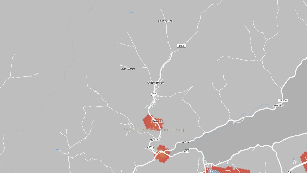 Walk Grade map of St. Charles, VA, walkable areas in green and car-dependent areas in red