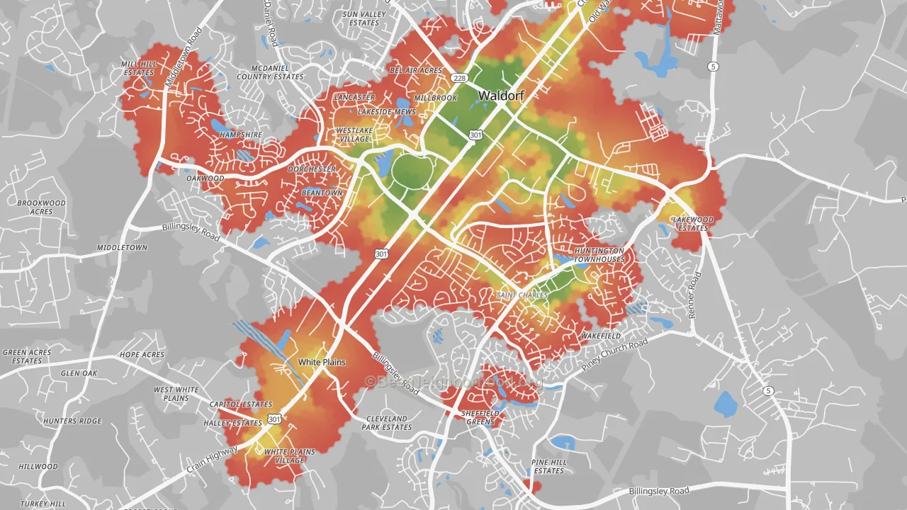 Walk Grade map of St Charles, Waldorf, MD, walkable areas in green and car-dependent areas in red