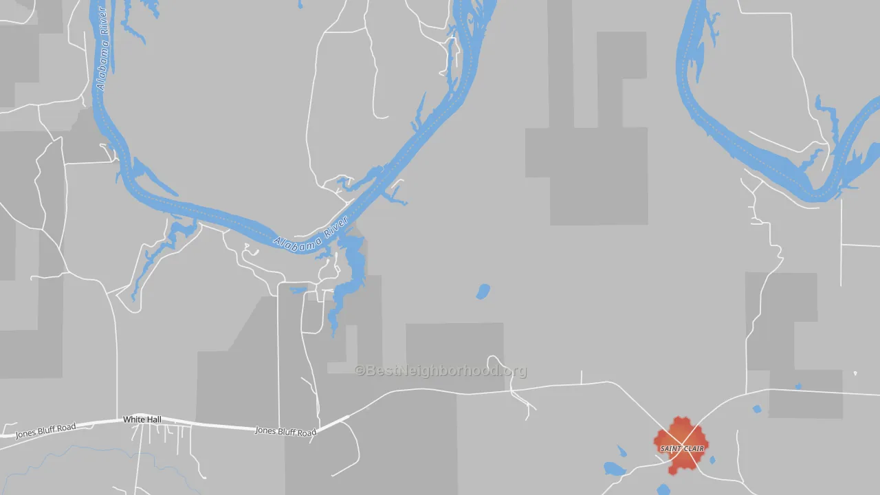Walk Grade map of St. Clair, AL, walkable areas in green and car-dependent areas in red