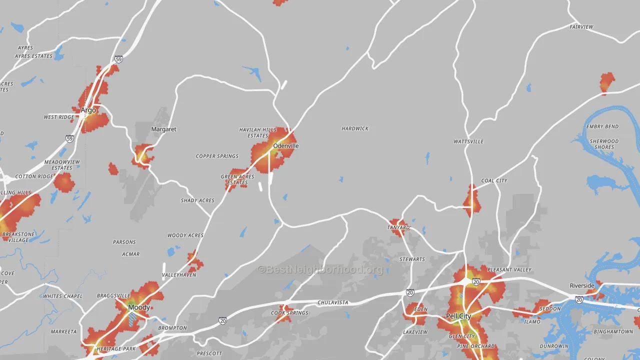 Walk Grade map of St. Clair County, AL, walkable areas in green and car-dependent areas in red
